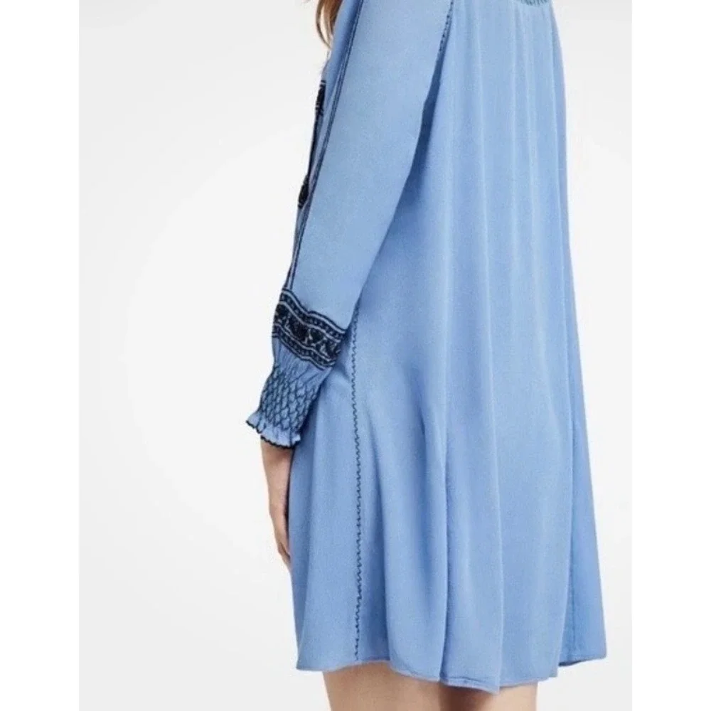 Free‎ People Embroidered Peasant Mini Dress Blue Boho Tassel V-Neck M